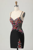 Zwarte Bodycon Bloem Spaghettibandjes Mini Homecoming Jurk