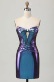 Metallic Blauw Paars Strapless Uitgesneden Korset Strakke Homecoming Jurk