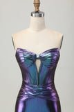 Metallic Blauw Paars Strapless Uitgesneden Korset Strakke Homecoming Jurk