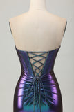 Metallic Blauw Paars Strapless Uitgesneden Korset Strakke Homecoming Jurk