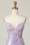 Sprankelende Lila Bodycon Korset Pailletten Homecoming Jurk met 3D Bloemen