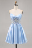 Lichtblauwe Strapless A Line Korte Homecoming Jurk met Pailletten