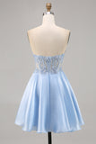 Lichtblauwe Strapless A Line Korte Homecoming Jurk met Pailletten