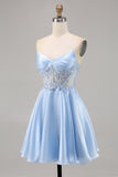 Lichtblauwe Strapless A Line Korte Homecoming Jurk met Pailletten