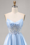 Lichtblauwe Strapless A Line Korte Homecoming Jurk met Pailletten