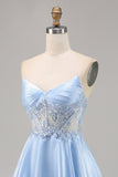 Lichtblauwe Strapless A Line Korte Homecoming Jurk met Pailletten