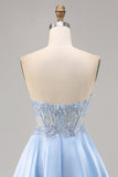 Lichtblauwe Strapless A Line Korte Homecoming Jurk met Pailletten