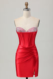 Rode Bodycon Strapless Beaded Korset Homecoming Jurk met Split