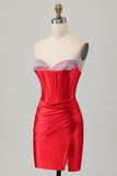 Rode Bodycon Strapless Beaded Korset Homecoming Jurk met Split
