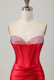 Rode Bodycon Strapless Beaded Korset Homecoming Jurk met Split