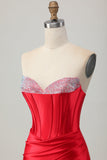 Rode Bodycon Strapless Beaded Korset Homecoming Jurk met Split