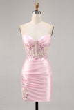 Candy Pink satijn Bodycon korte korset Homecoming jurk met applicatie
