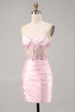 Candy Pink satijn Bodycon korte korset Homecoming jurk met applicatie