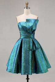 Metallic gerimpelde pauw groen strapless A-lijn Homecoming-jurk