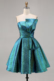 Metallic gerimpelde pauw groen strapless A-lijn Homecoming-jurk