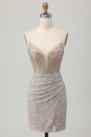 Zilveren Strapless Bodycon Pailletten Homecoming Jurk met Split