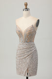 Zilveren Strapless Bodycon Pailletten Homecoming Jurk met Split