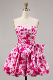 Floral Fuchsia Strapless A-lijn Homecoming Jurk met Strik