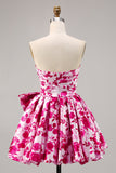 Floral Fuchsia Strapless A-lijn Homecoming Jurk met Strik