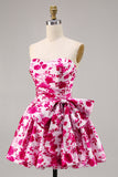 Floral Fuchsia Strapless A-lijn Homecoming Jurk met Strik