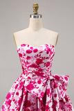 Floral Fuchsia Strapless A-lijn Homecoming Jurk met Strik