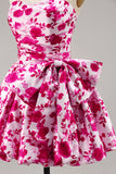 Floral Fuchsia Strapless A-lijn Homecoming Jurk met Strik