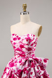 Floral Fuchsia Strapless A-lijn Homecoming Jurk met Strik