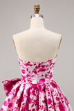 Floral Fuchsia Strapless A-lijn Homecoming Jurk met Strik