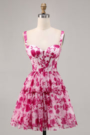 Bloemen Fuchsia Korset Bedrukt A Line Homecoming Jurk