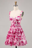 Bloemen Fuchsia Korset Bedrukt A Line Homecoming Jurk