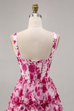 Bloemen Fuchsia Korset Bedrukt A Line Homecoming Jurk