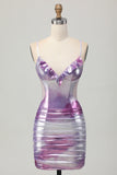 Zilverpaarse bodycon homecoming-jurk met ruches en V-hals