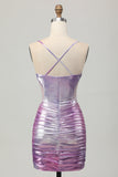 Zilverpaarse bodycon homecoming-jurk met ruches en V-hals