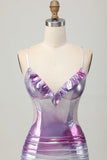 Zilverpaarse bodycon homecoming-jurk met ruches en V-hals