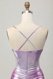Zilverpaarse bodycon homecoming-jurk met ruches en V-hals