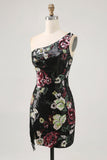Zwarte bloem bodycon pailletten één schouder homecoming jurk
