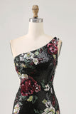 Zwarte bloem bodycon pailletten één schouder homecoming jurk