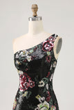 Zwarte bloem bodycon pailletten één schouder homecoming jurk