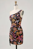 Zwarte bloem Bodycon een schouder borduurwerk Homecoming jurk