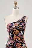 Zwarte bloem Bodycon een schouder borduurwerk Homecoming jurk