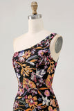 Zwarte bloem Bodycon een schouder borduurwerk Homecoming jurk