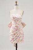 Roze bloem strapless bodycon gerimpelde homecoming-jurk