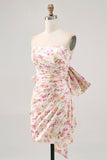 Roze bloem strapless bodycon gerimpelde homecoming-jurk