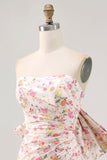 Roze bloem strapless bodycon gerimpelde homecoming-jurk