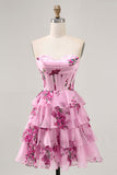 Gelaagde roze strapless homecoming-jurk met bloemen