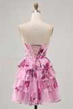 Gelaagde roze strapless homecoming-jurk met bloemen