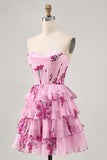Gelaagde roze strapless homecoming-jurk met bloemen