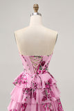 Gelaagde roze strapless homecoming-jurk met bloemen