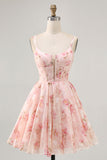 Blush Bloemen A Line Korset met vierkante hals Bedrukte Homecoming Jurk