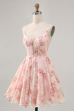 Blush Bloemen A Line Korset met vierkante hals Bedrukte Homecoming Jurk